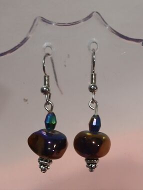 Hand Crafted Glass Bead Drop Earrings - Iridescent Purple and Gold